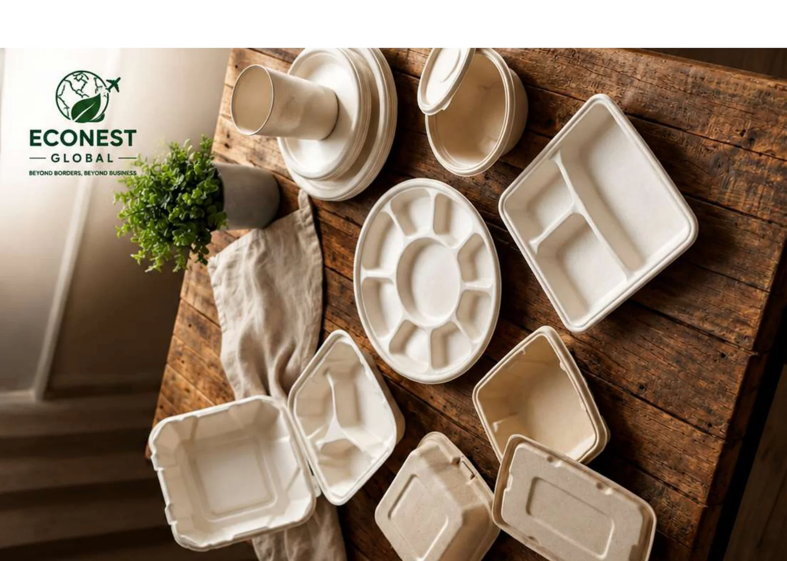 ECONEST GLOBAL compostable bagasse tableware range on a wooden table